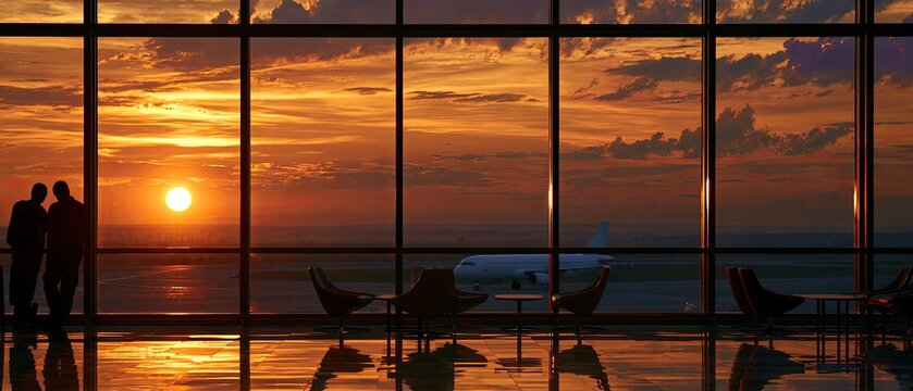 Silhouetted figures watch a vibrant sunset over an airfield with a parked plane
