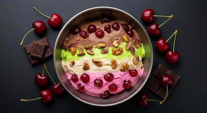  Italian Spumoni ice cream displaying distinct layered sections of cherry, pistachio, and chocolate, served in a dark brushed-metal bowl, matte black background. The colorful layers are filled with ch