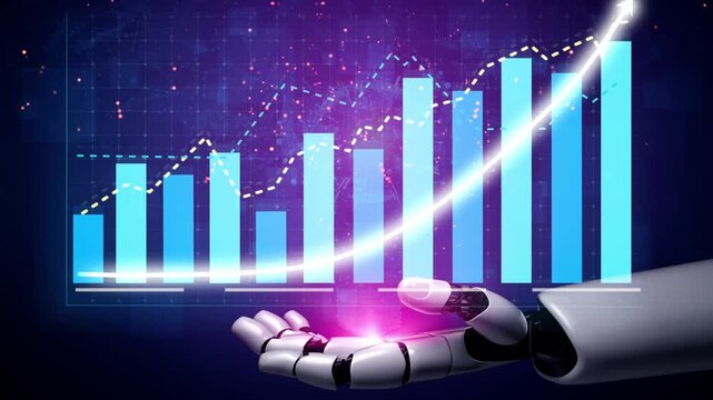 A sleek robotic hand holds a glowing orb against a backdrop of a financial growth graph, representing the intersection of innovation and technology in modern analytics. Copula