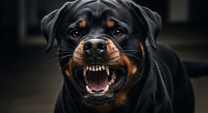Close Up Roaring Rottweiler Dog Face