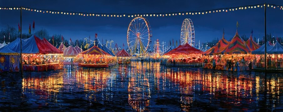 A lively carnival at night, with colorful tents, Ferris wheels, and light reflections