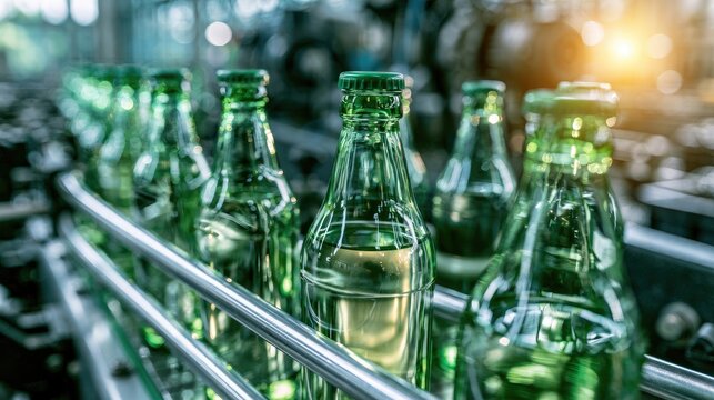 Green glass bottles on a conveyor belt in a factory