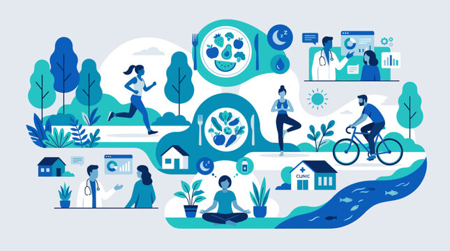 Healthy lifestyle concept with wellness icons and fitness activities.