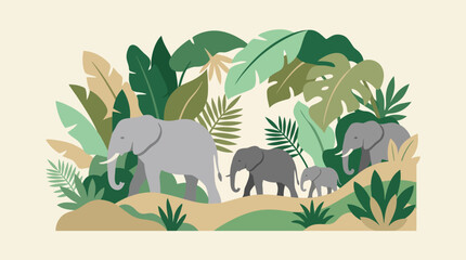 Elephant family walking through a lush tropical jungle. © masheri
