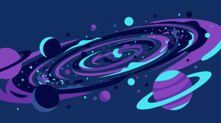 Stylized space galaxy with planets and purple nebula © masheri