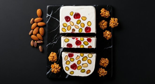 French Nougat Glac� frozen dessert sliced cleanly on a black marble board, solid matte black background. The white, airy ice cream filling is densely packed with bright red candied cherries, amber pis
