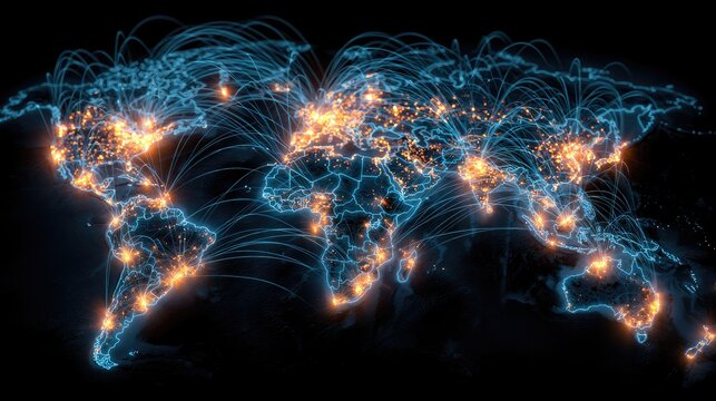 Global network of glowing lights and connections across a world map