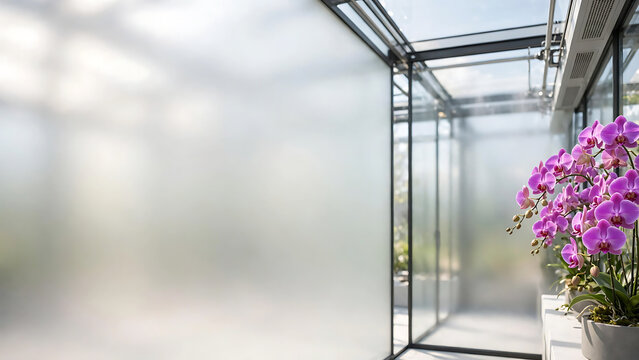 Elegant modern conservatory interior featuring frosted glass walls and blooming purple orchids as a bright minimalist background
