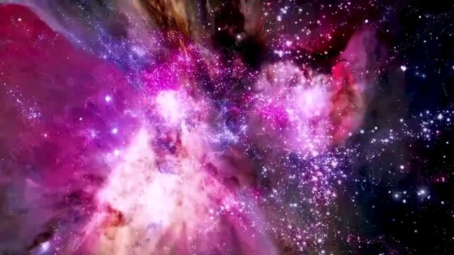 A blend of vibrant colors&mdash;such as pink, purple, and magenta, with touches of golden brown&mdash;depicts star formations, interstellar dust, and star clusters shimmering against the darkness of the universe.
