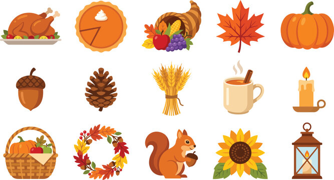 Detailed vector graphic illustration featuring a collection of traditional thanksgiving holiday icons including autumn foliage food and festive harvest decorations