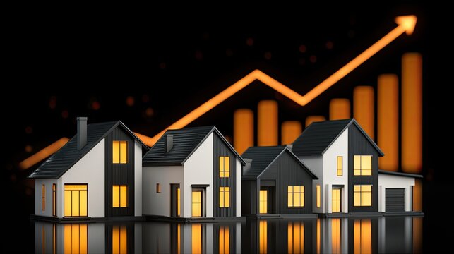 Modern houses illuminated with upward trending orange graph on black