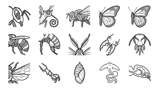 Sketches of insect legs wings and cocoons.