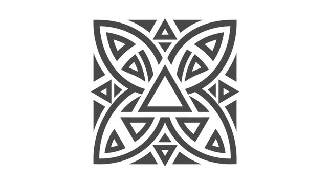 Square geometric emblem with triangular and circular patterns.