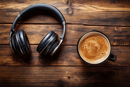 Over-ear headphones and a cup of coffee on wooden surface, cozy workspace, relaxing break, audio equipment, caffeine drink, home office setting