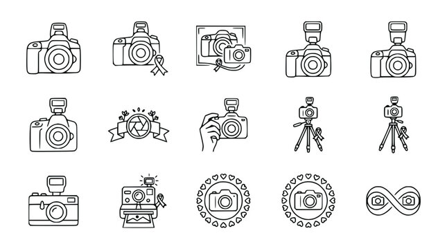 Hand-drawn camera icons: DSLR, vintage, polaroid, infinity symbol, ribbon, tripod