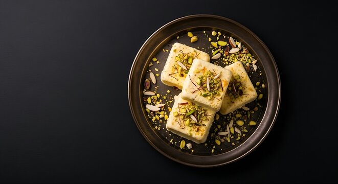  Indian Kulfi ice cream infused with saffron and pistachios, served on a vintage dark metal thali plate, solid matte black background. The dense traditional ice cream blocks show visible flecks of gol