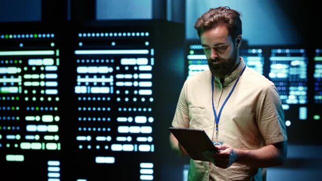 Engineer inspects high performance mainframes in a data center, supporting scientific simulations, rendering workloads and intensive computing tasks during through mainframes.