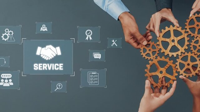 Two hands grasp gears, representing cooperation, with a central service theme and various icons depicting teamwork, strategy, and technology on a gray background. Raster