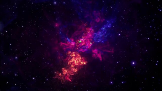 An abstract formation of interstellar gas and dust, featuring a blend of burning red, magical purple, and electric blue glowing amidst the darkness.