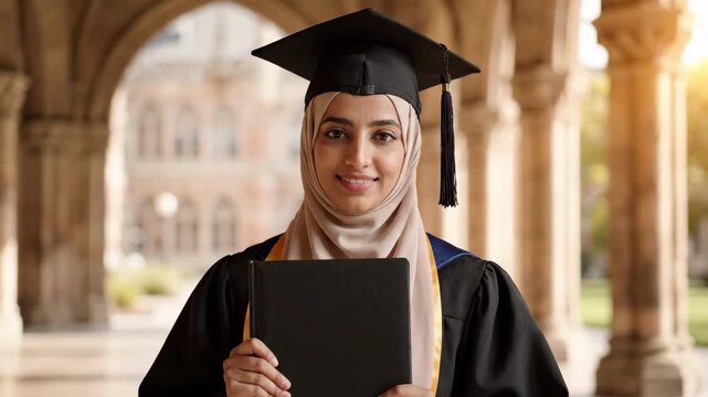 Smiling young Muslim graduate in hijab and cap and gown holding a diploma folder in a historic university corridor, celebrating academic success, achievement, and a bright future with pride and confid