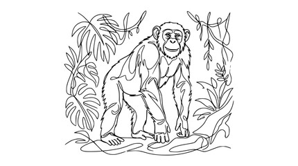 Obraz premium Chimpanzee illustration in continuous line art, surrounded by jungle foliage