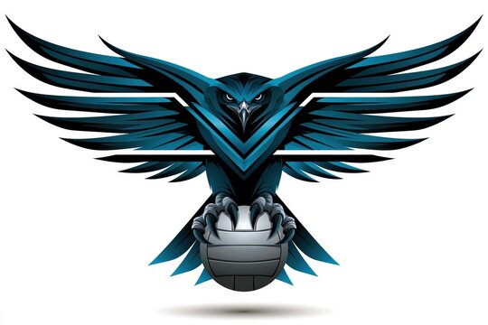 Volleyball sports logo emblem showing stylized hawk with outstretched wings clutching ball in its talons on white background.