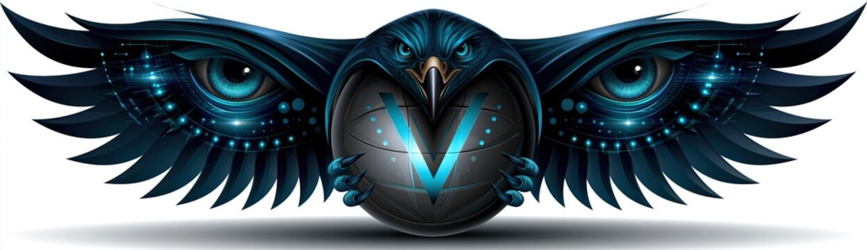 Volleyball sports logo emblem showing stylized hawk with outstretched wings clutching ball in its talons on white background.