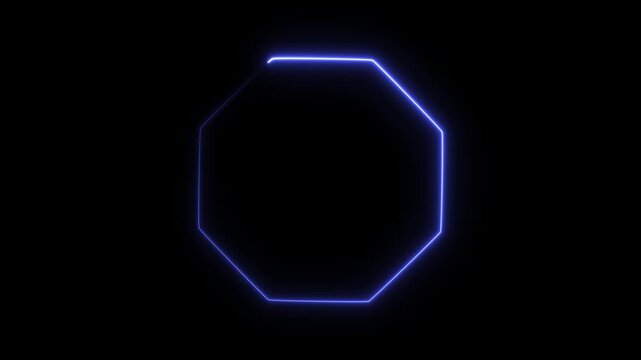 Blue neon octagon shape frame glowing with light movement isolated on black bg.