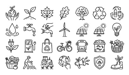 Fototapeta premium Environmental Care and Sustainability Hand Drawn Line Icon Set with Eco Growth Symbols