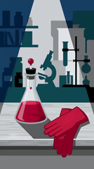 Obraz premium Flat Design Laboratory Scene with Red Liquid Flask, Microscope, and Gloves, Scientific Research Background with Shelves and Bottles, Clean Vector Illustration