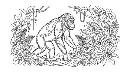 Obraz premium Chimpanzee in Jungle Line Art Drawing - Minimalist Nature Sketch
