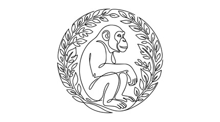 Chimpanzee Sitting Inside Laurel Wreath Circle Line Art