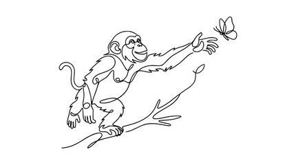 Obraz premium Chimpanzee reaching for butterfly in continuous line art style
