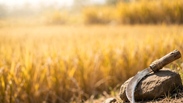 Traditional handheld sickle harvesting tool resting on a rock with a golden rice field background