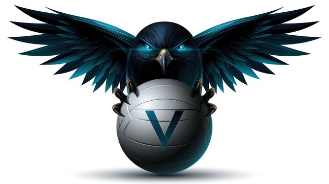 Volleyball sports logo emblem showing stylized hawk with outstretched wings clutching ball in its talons on white background.