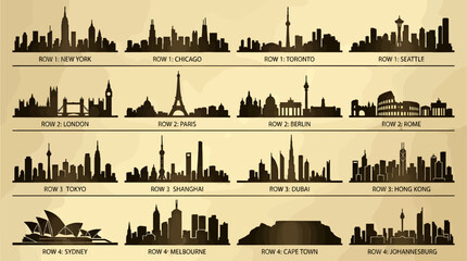 Obraz premium Global City Skylines Collection in Dark Bronze Silhouettes on Pale Gold Textured Background, Featuring New York, London, Paris, Tokyo, Sydney, and more iconic landmarks, Vector Illustration