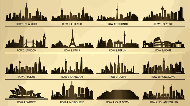 Global City Skylines Collection in Dark Bronze Silhouettes on Pale Gold Textured Background, Featuring New York, London, Paris, Tokyo, Sydney, and more iconic landmarks, Vector Illustration