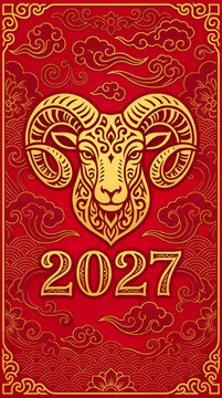 Golden Ram Head Illustration for Chinese New Year 2027, Traditional Asian Decorative Patterns with Ruby Red Background, Lunar Zodiac Animal Symbol, Festive Greeting Card Design, Vector Graphic