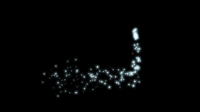 4K Magic glitter sparkle star trail, fairy dust wand glitter star trail transition, sparkling particles, shimmering starlight motion, fast glowing bling star streaks motion effect on black background.