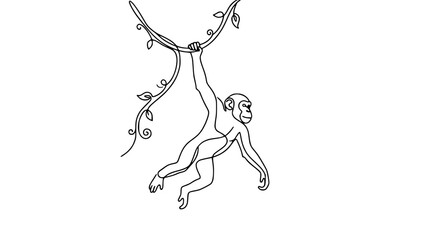 Minimalist monkey swinging on vine, line art illustration, playful jungle animal. © Nur