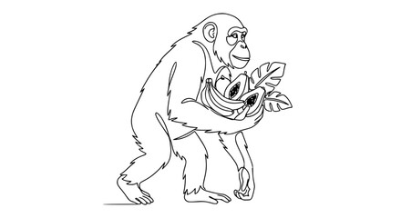 Obraz premium Chimpanzee Holding Bananas and Leaves in One Line Drawing Style