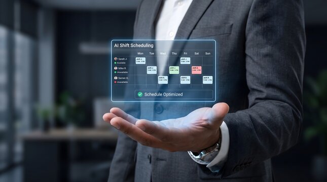 AI Shift Scheduling Dashboard Interface for Workforce Management, Employee Rostering, Smart Staff Planning, and Automated Business Operations