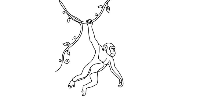 Minimalist monkey swinging on vine, line art illustration, playful jungle animal.