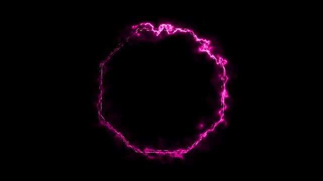 Pink neon octagon frame glowing with electric sparks on black background motion.