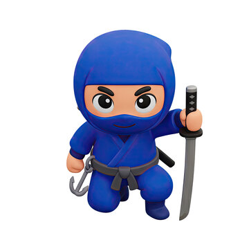 Cartoon Ninja with Sword and Grappling Hook