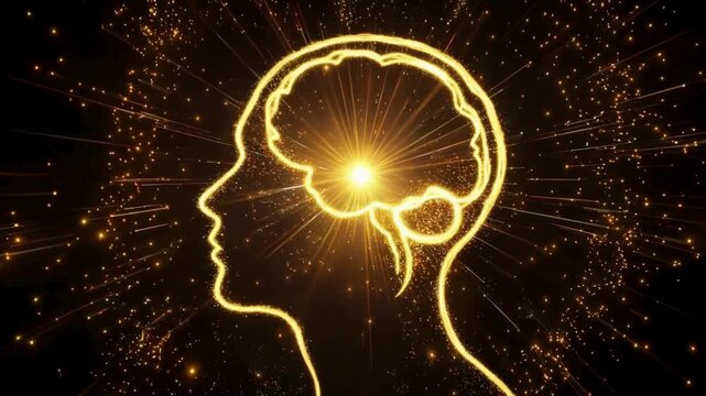 Human head profile silhouette with glowing golden brain particle neural network
