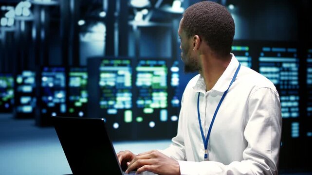 IT developer inspects electronics in a data center, documenting maintenance needs, hardware status and network resources for reliable operations during repairing server.