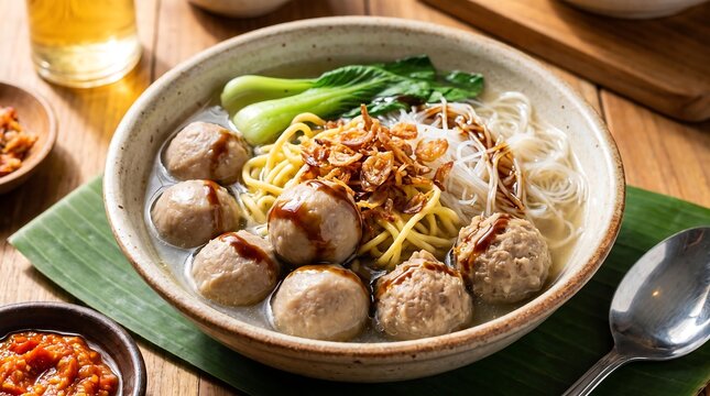 A bowl of traditional Indonesian bakso beef meatball soup served with noodles and green vegetables.
