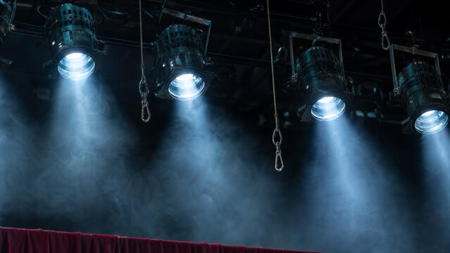 Stage Lights and Smoke: A row of powerful stage spotlights illuminates the empty theatre stage, casting dramatic beams of blue light through a haze of smoke, ready for a performance.