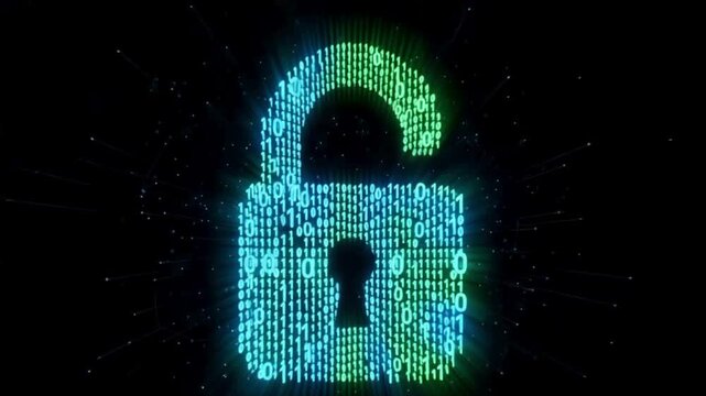 Glowing digital padlock formed by binary code over abstract background lock security cyber